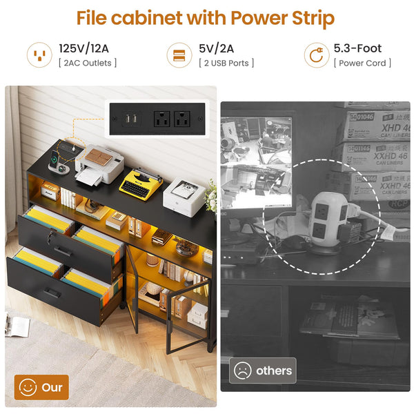 59" File Cabinet with 2 Drawers, Lock & Power Outlets