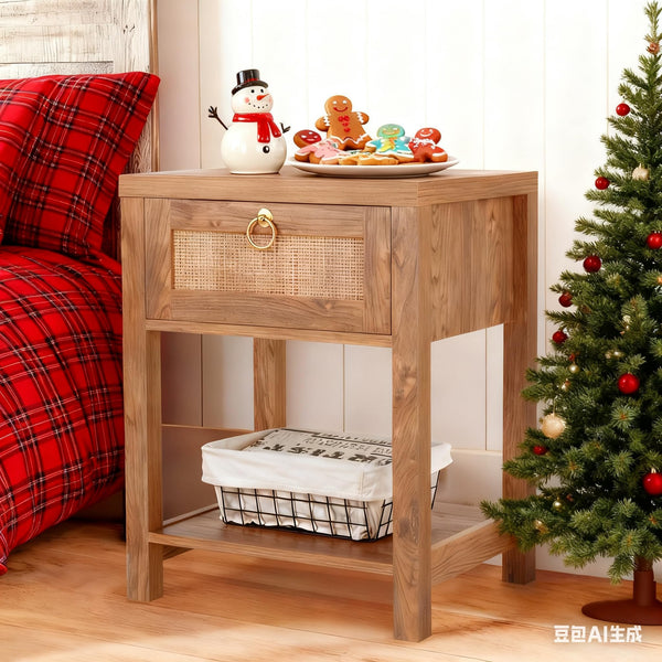 Rattan Farmhouse Nightstand Set of 2 with Drawer and Open Shelf