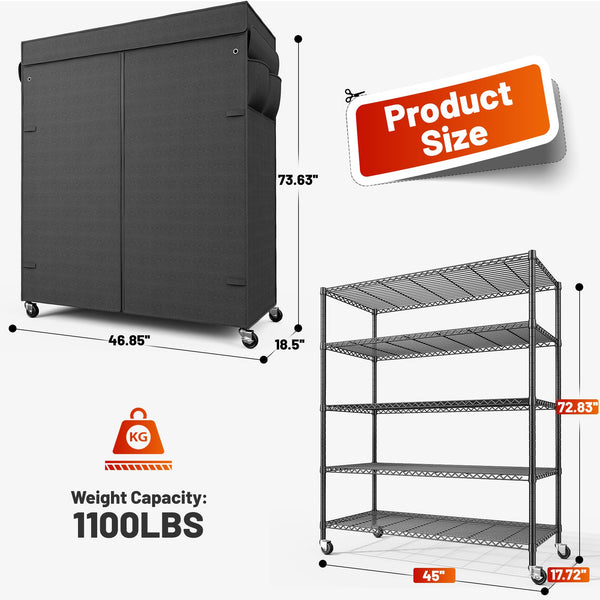 45" Wire Storage Shelves with Cover & Wheels – 5-Tier Metal Rack
