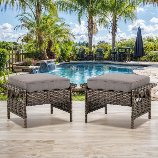 Patio Wicker Ottomans Set of 2 with Cushions