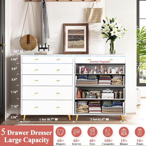 5-Drawer Dresser with LED Lights and Tempered Glass Top