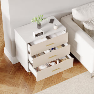 7-Drawer White Dresser with Linen-Textured Fronts & Gold Accents