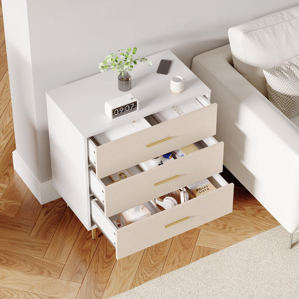7-Drawer White Dresser with Linen-Textured Fronts & Gold Accents