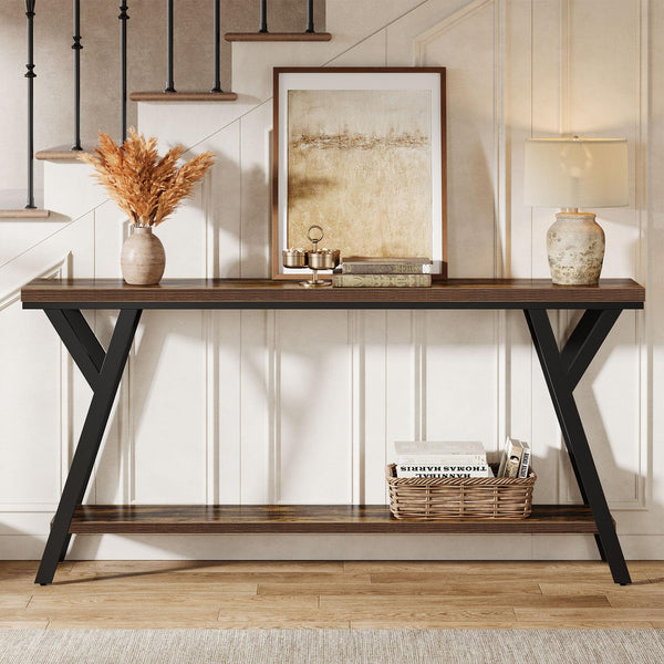 70.9" Narrow Industrial Console Table with 2-Tier Shelf