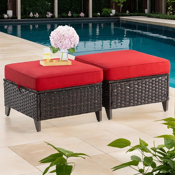 Patio Ottoman Set of 2 – All Weather Outdoor Rattan Footstools with Removable Cushions