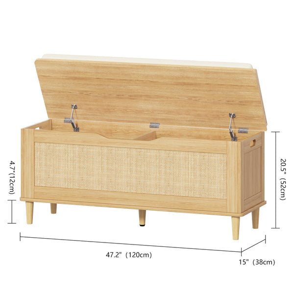 Keehusux 47.2" Rattan Storage Chest with Padded Seat Cushion, Extra Large Storage Bench with 2 Safety Hinges, Storage Trunk with Solid Wood Legs & Rounded Corners for Entryway, Bedroom, Natural Oak