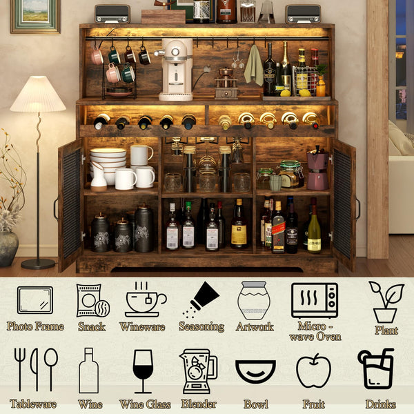Wine Bar Cabinet with LED Light & Glass Holder