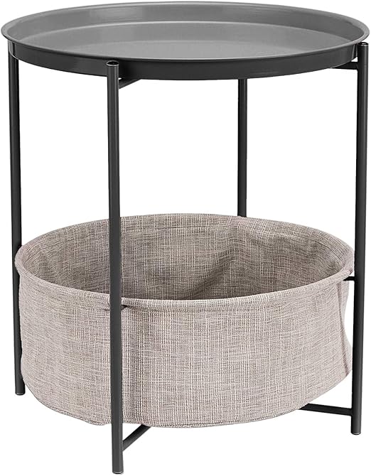 Round Metal End Table with Fabric Storage Bin