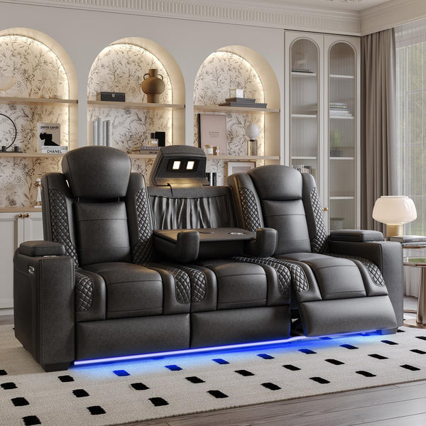 3-Seat Home Theater Recliner Sofa with USB Charging & LED Light
