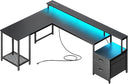 L-Shaped Gaming & Office Desk with LED Lights, Power Outlets, Drawers & Monitor Stand