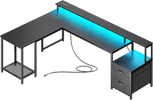 L-Shaped Gaming & Office Desk with LED Lights, Power Outlets, Drawers & Monitor Stand