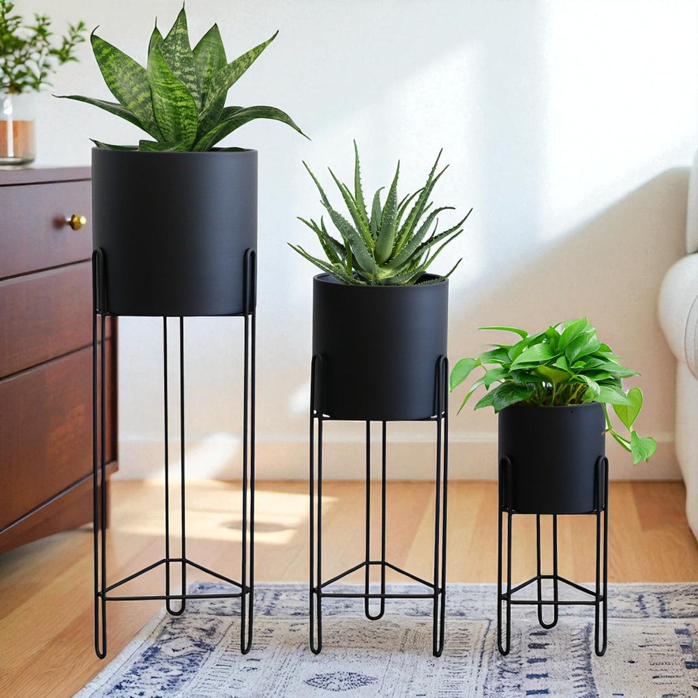 Set of 3 Tall Metal Planters with Stands