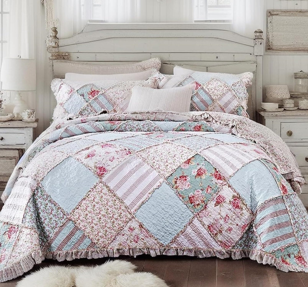 Cottage Patchwork Quilt Set – Mint Blue Pastel Floral