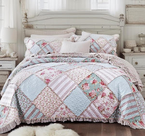 Cottage Patchwork Quilt Set – Mint Blue Pastel Floral