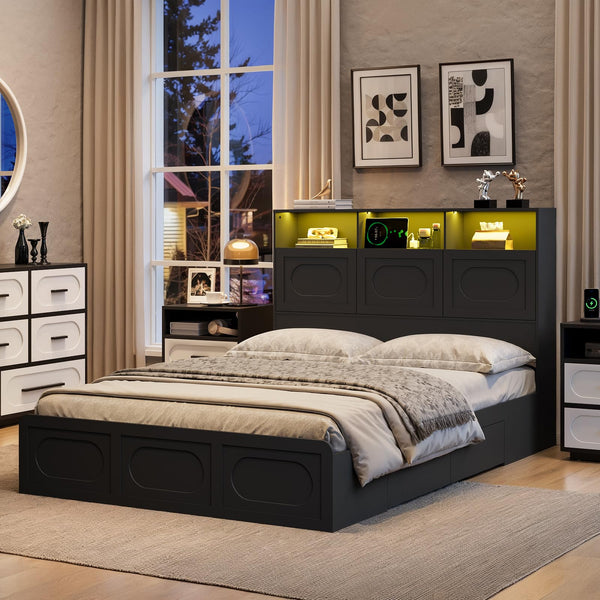 Queen Bed Frame with Storage Headboard, Drawers & Charging Station