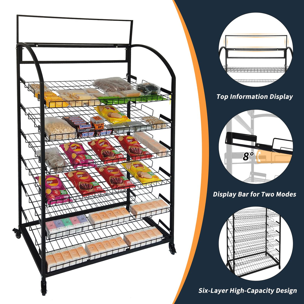 6-Tier Metal Retail Display Rack with Wheels and Header Holder