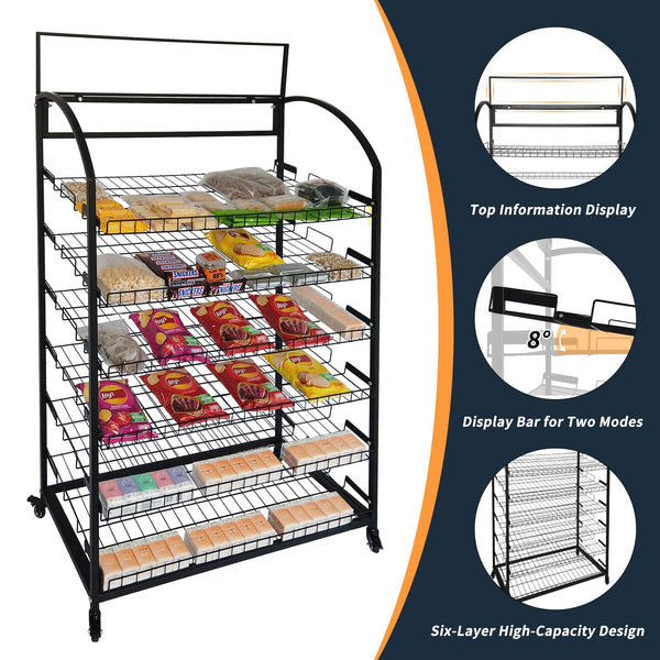 6-Tier Metal Retail Display Rack with Wheels and Header Holder