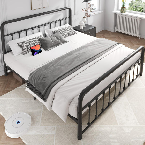 Metal Platform Bed Frame with LED Lights & Charging Station