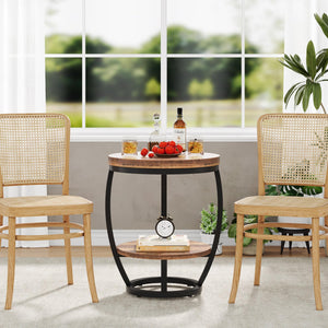 2-Tier Round Industrial End Table with Metal Frame