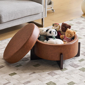 Round Storage Ottoman with Hidden Storage | PU Leather Footrest Stool
