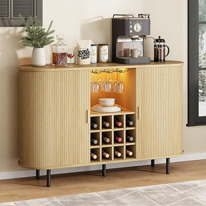 55" Wine Bar Cabinet with LED Light, Wine Rack & Glass Holder