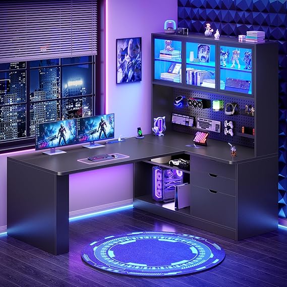 L-Shaped Gaming & Office Desk with Storage