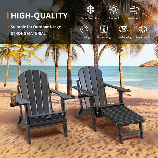 Folding Adirondack Chairs with Retractable Footrest & Cup Holders – HDPE, 400 LBS Capacity