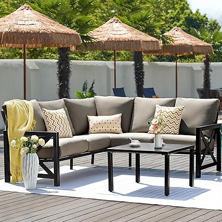 6-Piece L-Shape Outdoor Patio Sectional Sofa Set with Metal Frame & Olefin Cushions