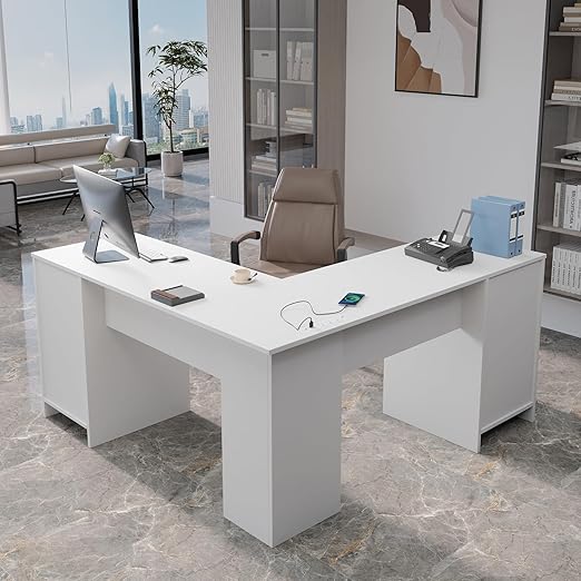 L-Shaped Desk with File Cabinet & Power Outlets – 60 Inch Corner Computer Desk