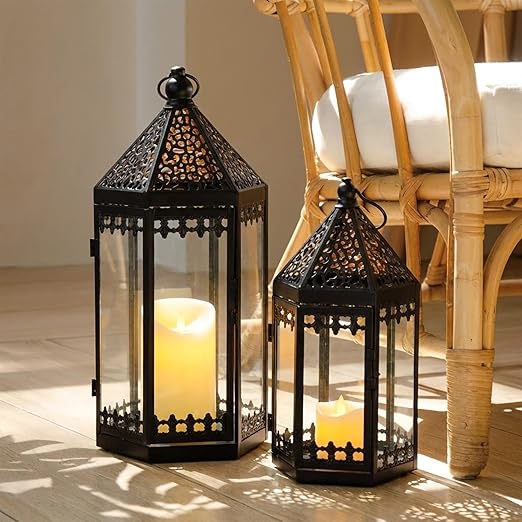 Set of 3 Hexagonal Vintage Metal Candle Lanterns with Tempered Glass