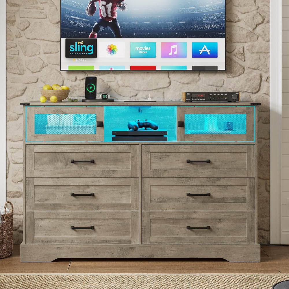 6 Drawer Dresser with LED Lights and Charging Station – Farmhouse Chest of Drawers, Rustic Oak