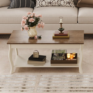 Rustic Coffee Table with Curved Legs & Storage Shelf