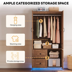 Farmhouse Wardrobe Closet with LED Lights & Hanging Rod