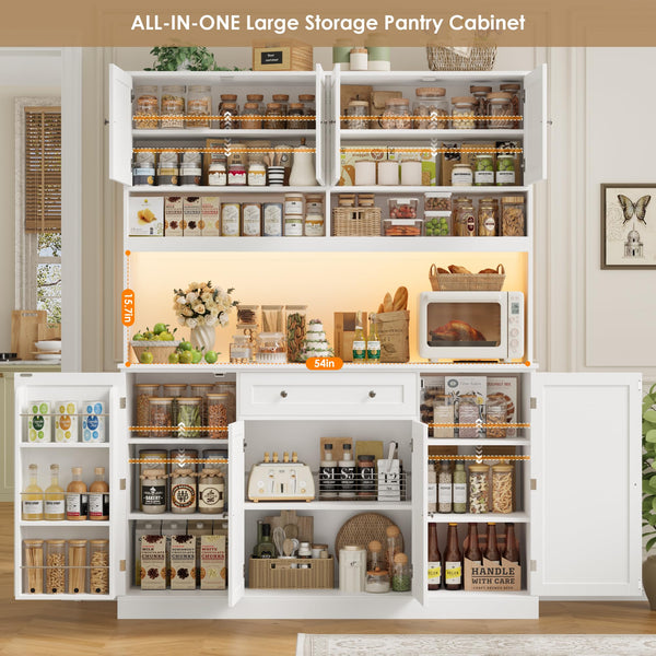 Tall Kitchen Pantry Cabinet with LED & Charging Station