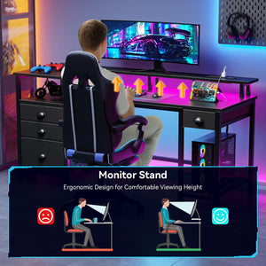 60-Inch Computer Desk with LED Lights, USB Charging, File Cabinet & Monitor Stand