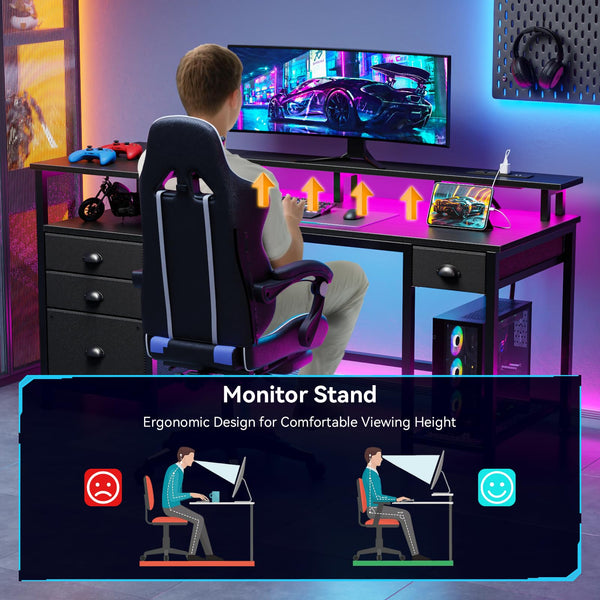 60-Inch Computer Desk with LED Lights, USB Charging, File Cabinet & Monitor Stand