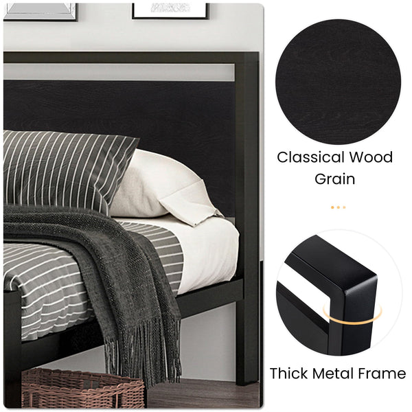 Metal Platform Bed Frame with Wooden Headboard & Footboard