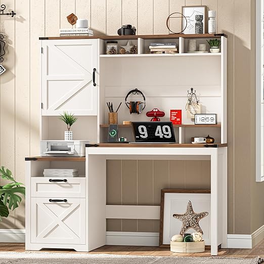 L-Shaped Executive Desk with Drawers, Power Outlets & Storage Shelf