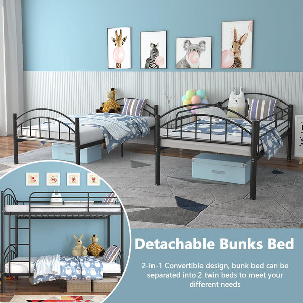 Twin Over Twin Metal Bunk Bed – 2-in-1 Convertible with Guardrails
