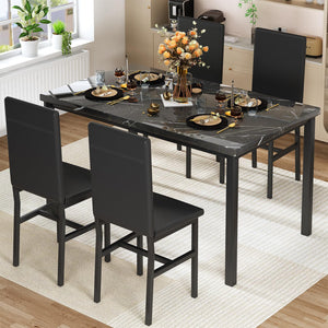 5-Piece Faux Marble Dining Table Set with 4 PU Leather Chairs
