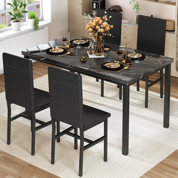 5-Piece Faux Marble Dining Table Set with 4 PU Leather Chairs