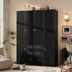4-Door Freestanding Wardrobe Armoire with Drawers & Hanging Rods