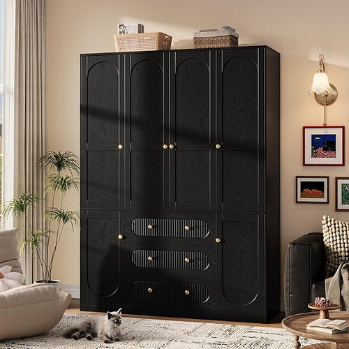 4-Door Freestanding Wardrobe Armoire with Drawers & Hanging Rods