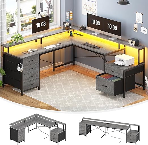 L-Shaped Desk with 6 Drawers, Monitor Shelf, Power Outlets & LED Lights