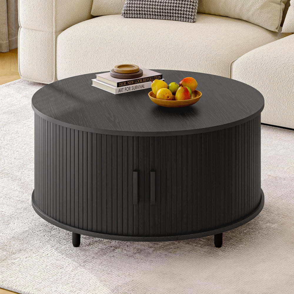 Round Coffee Table with Storage & 360° Sliding Door