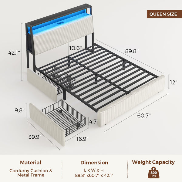 Queen LED Platform Bed with Storage Drawers & Bookcase Headboard