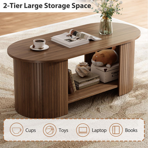 Oval Fluted Coffee Table with 2-Tier Storage