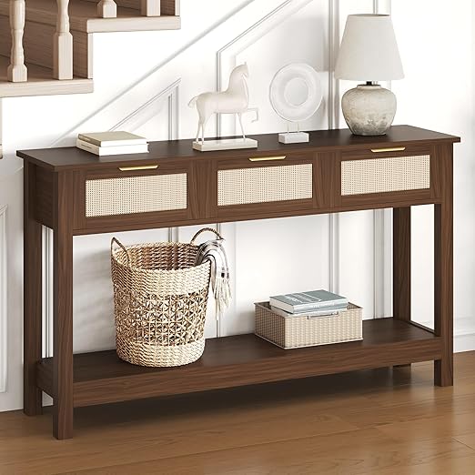 47" Rattan Console Table with 3 Drawers & Storage Shelf