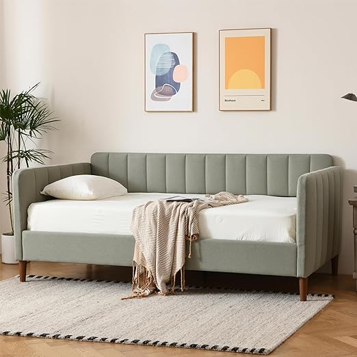 Twin Upholstered Daybed with Adjustable Backrest & Wood Slat Support