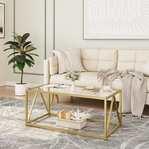 Glass Coffee Table with Gold Metal Frame